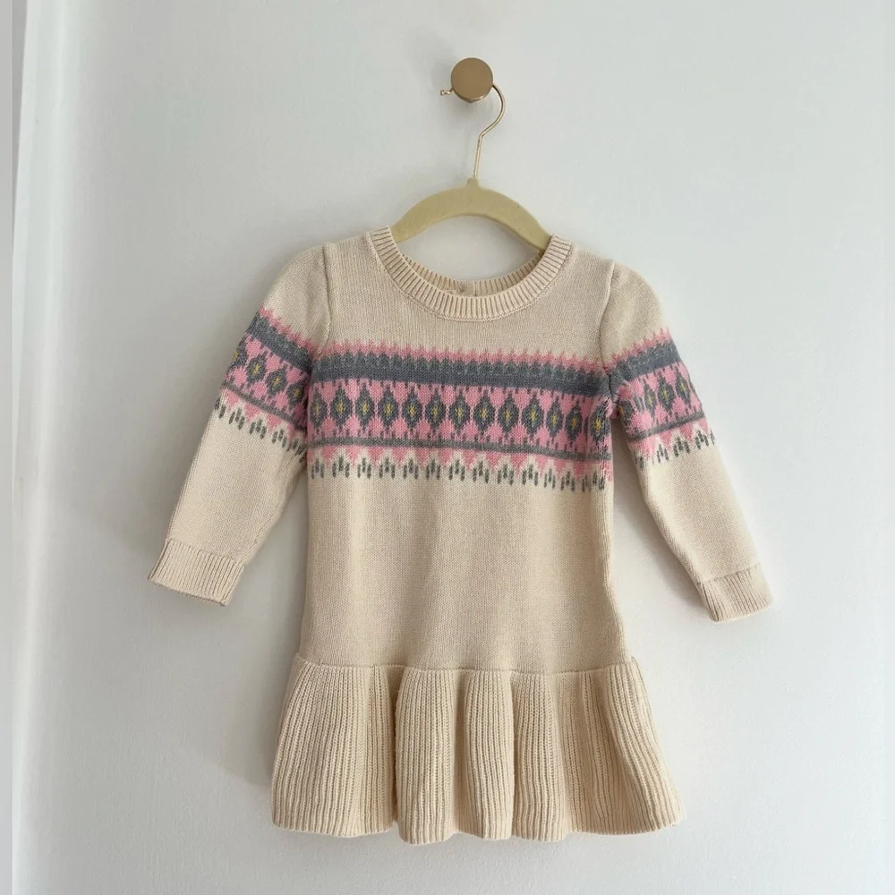 Baby GAP Fair Isle Knitted Sweater Dress Cream & Pink Patterned Size 12-18 Month